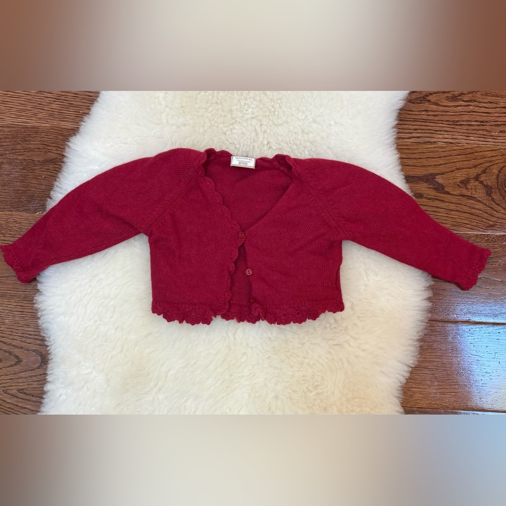 Mayoral deep red wool/angora blend cropped cardigan with knit lace edging. 18m.
